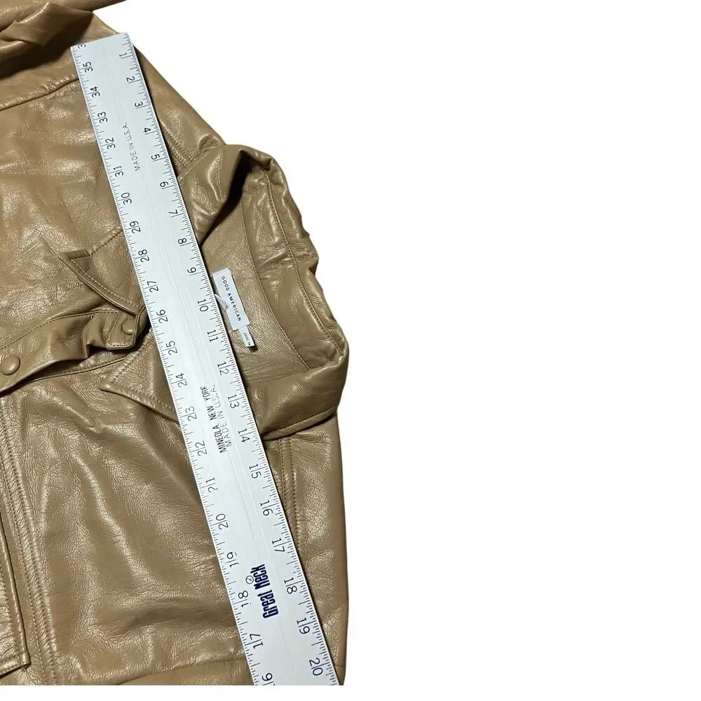 Good American Faux Leather Shirt Jacket Tan‎ Womens 7 Snap Front Overshirt